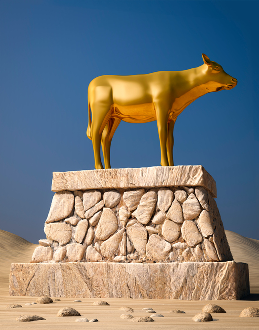 A golden cow statue on top of a stone pillar.