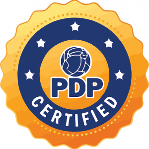 A badge with the words pdp certified on it.